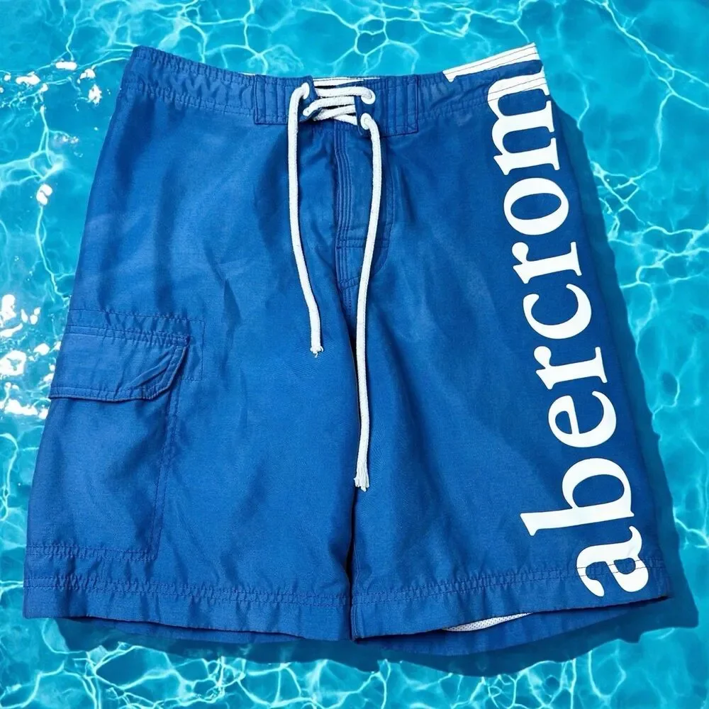 Abercrombie & Fitch Men's Blue Logo Board Shorts Y2K Swim Trunks Size 29